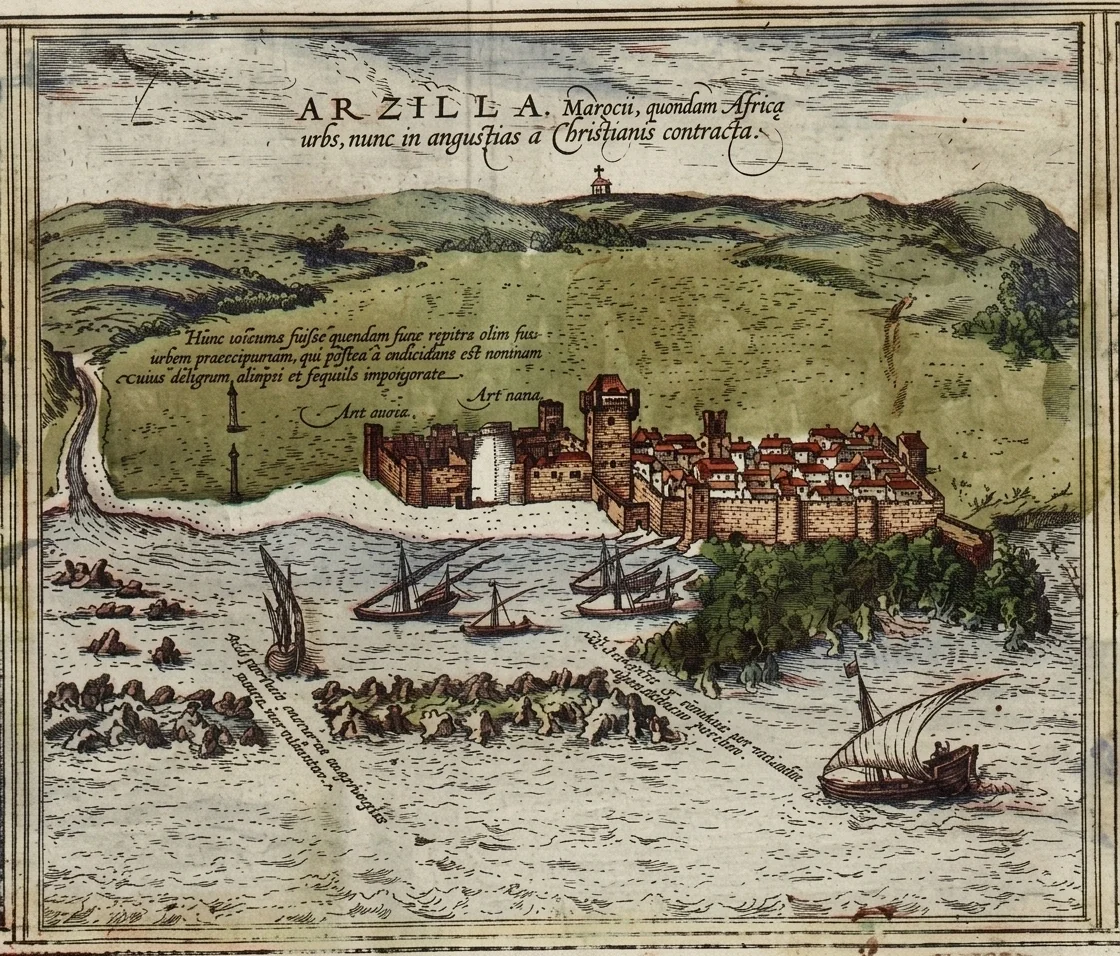 Old engraving of Arzila (Asilah), a walled town with ships