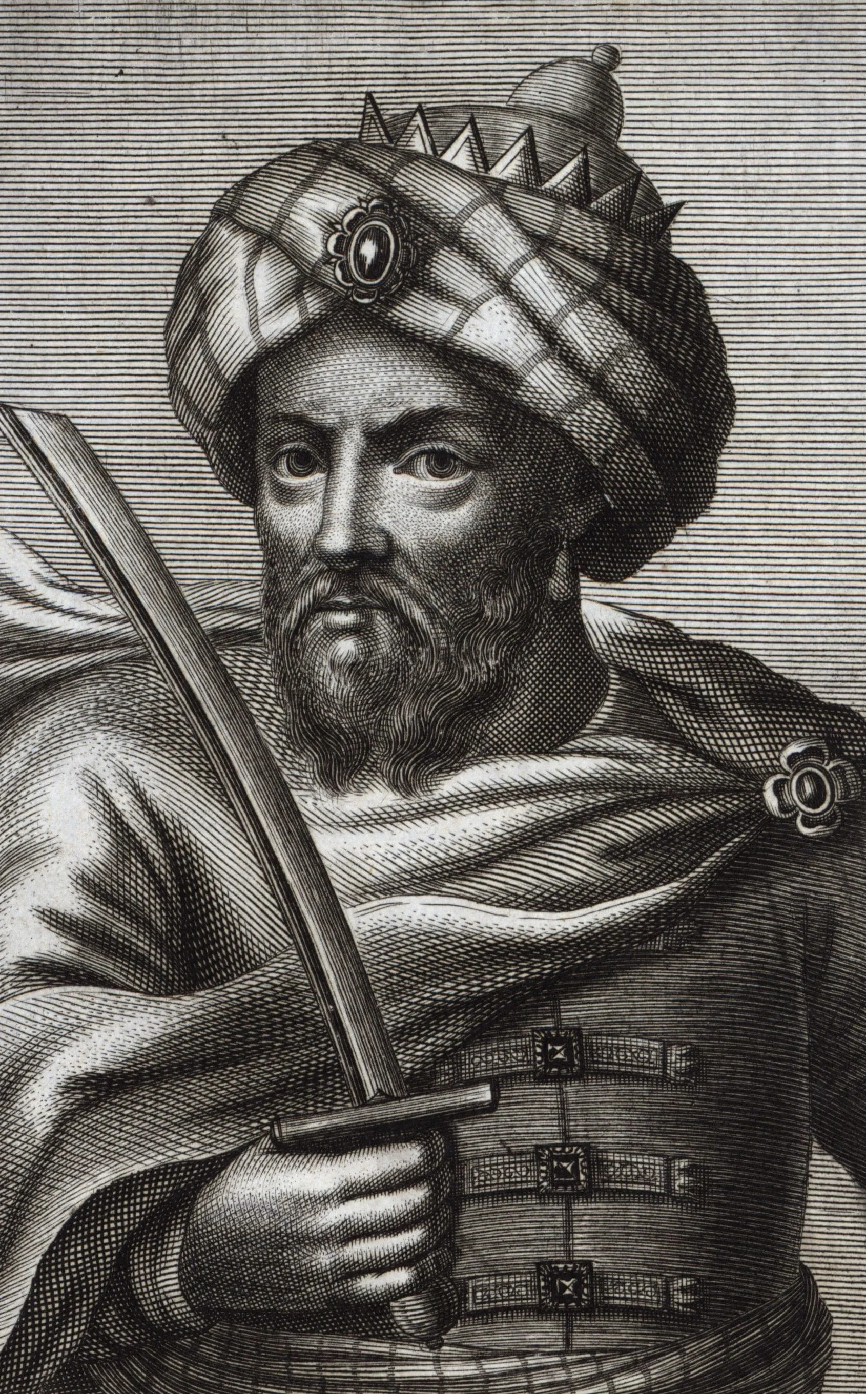 Old engraving of a Saadian sultan in a turban holding a sabre