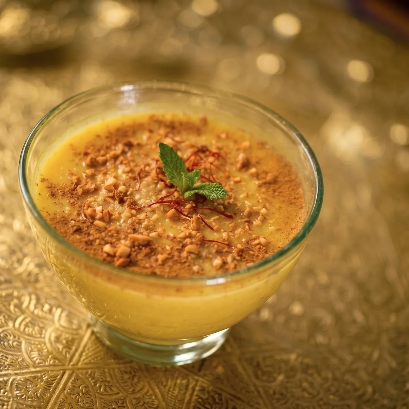 Crema dulce con almendra picada y hierbabuena