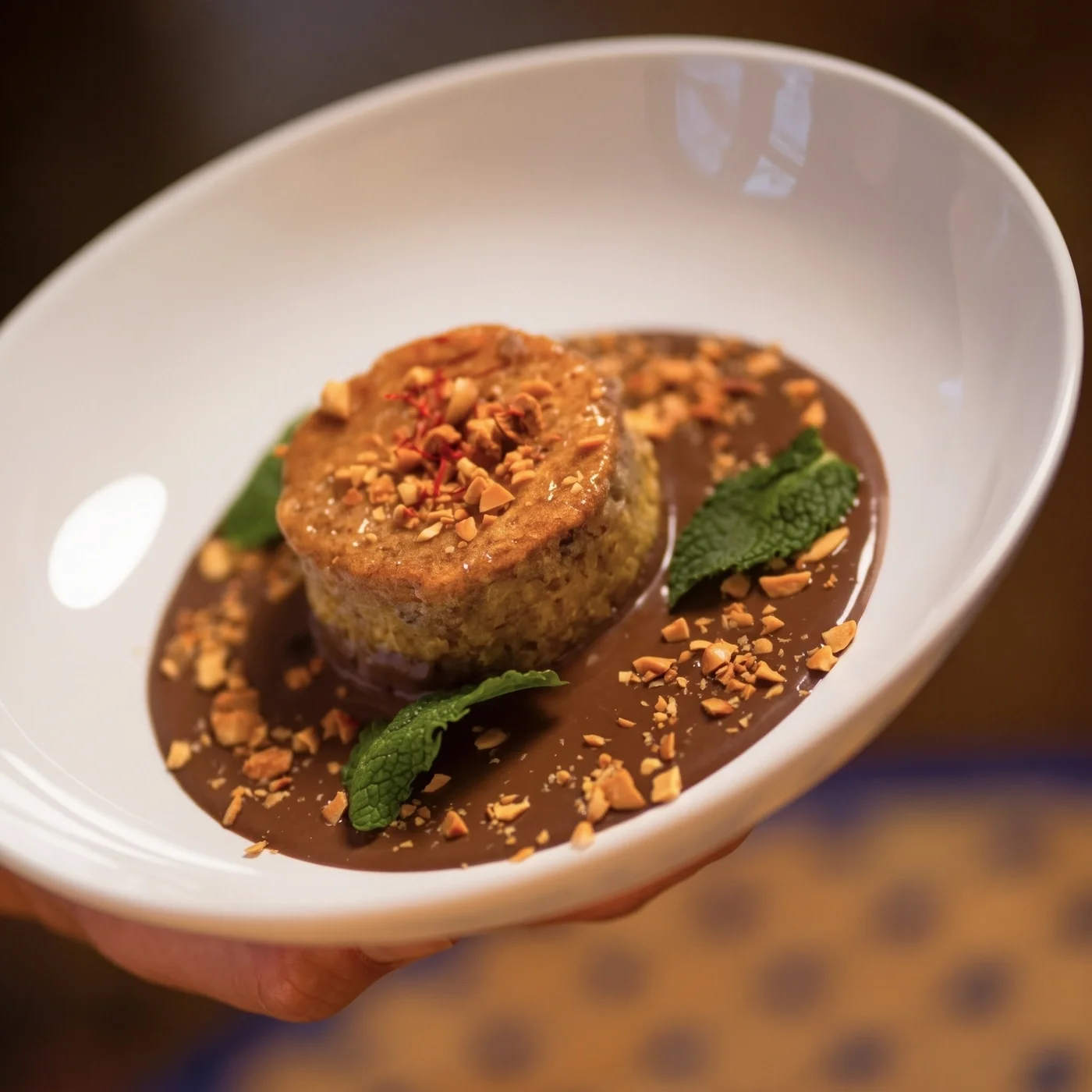 Postre con salsa de chocolate y almendra